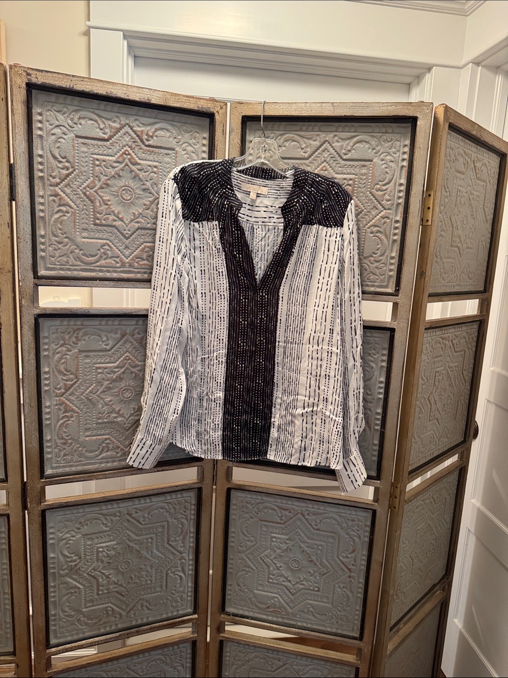Etcetera Black and White Striped Beaded Blouse